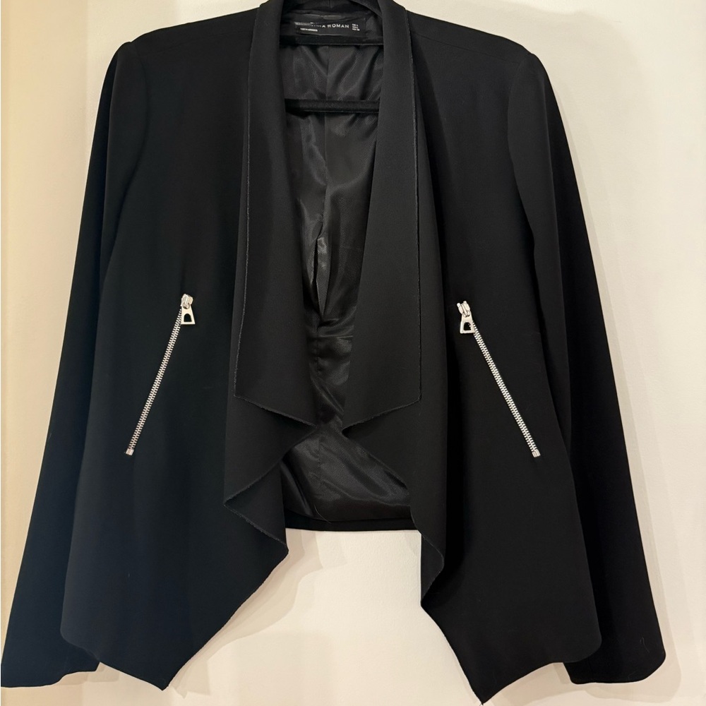 Zara Black Waterfall Blazer with Silver Zipper Accents